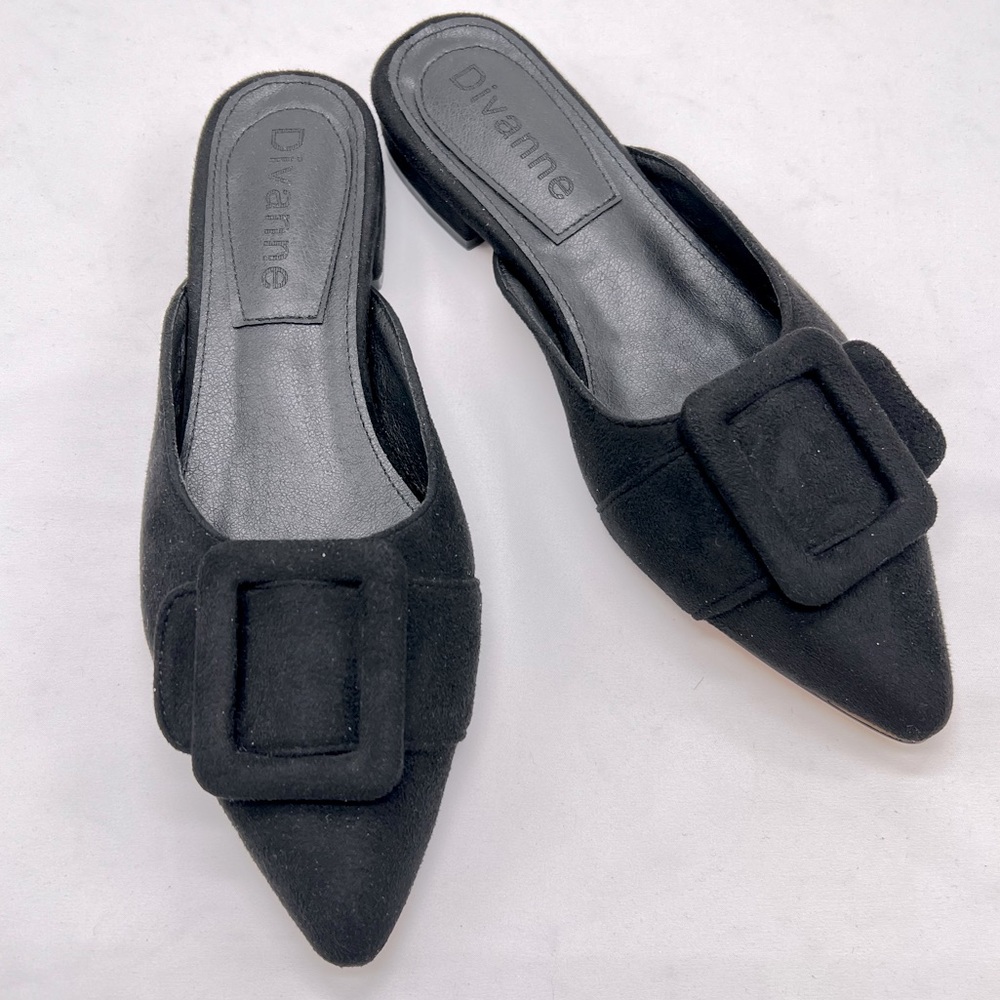Divanne Mules for Women Size 9 Buckle Flat Mules Pointed Toe Backless Slip On